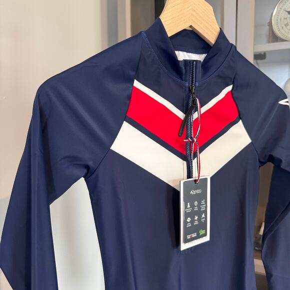 Perfect Moment 1/2 Zip Cove Swimsuit NEW Navy Chevron Long Sleeve One Piece NWT - Picture 3 of 5